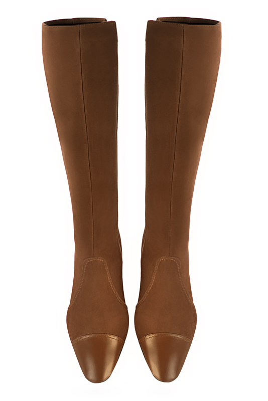 Caramel brown women's feminine knee-high boots. Round toe. Medium block heels. Made to measure. Top view - Florence KOOIJMAN